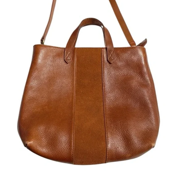 Madewell Small Transport Leather Crossbody Tote Suede Stripe Brown Maple Syrup